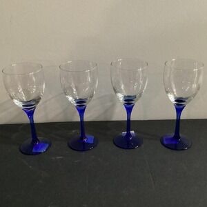 Set Of 4 Libbey Domaine Cobalt Blue Flower Stem Water Wine Glasses